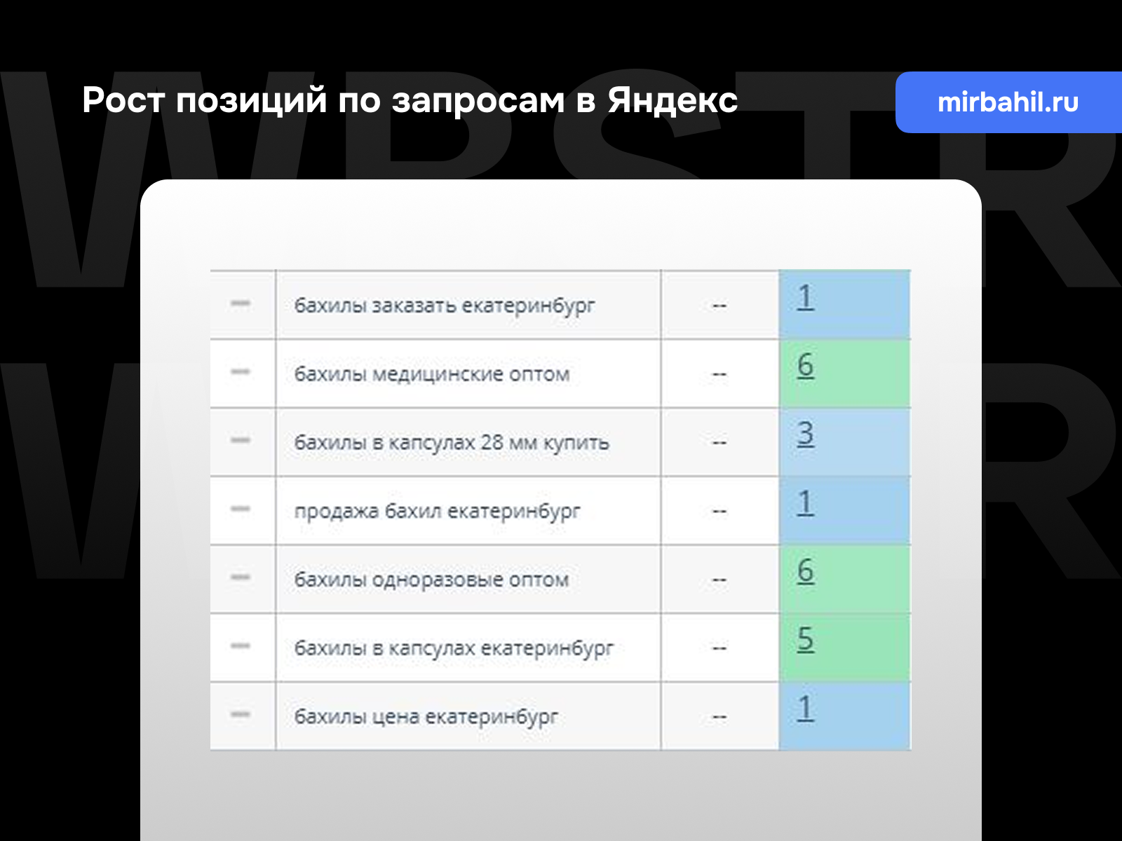 Позиции по запросам Яндекс для проекта «Мир бахил»
